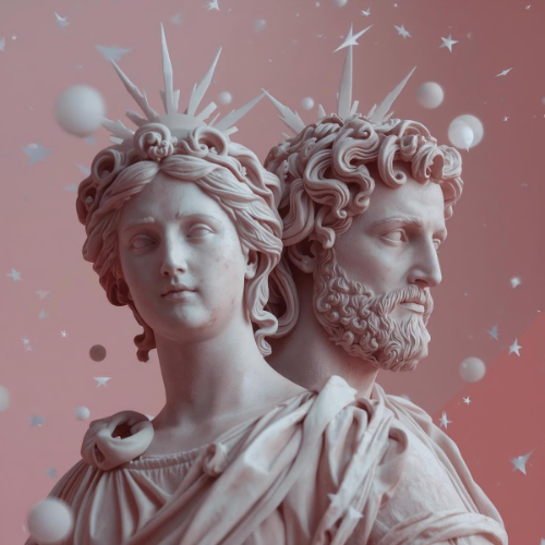 Deux statues Renaissance dos à dos, couronnes rayonnantes, entourées de sphères et d'étoiles